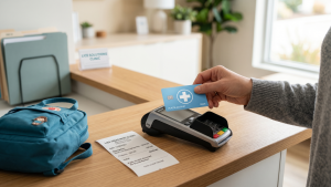 Parent's hand holding an FSA HSA benefits debit card at a lice clinic checkout counter next to an itemized receipt