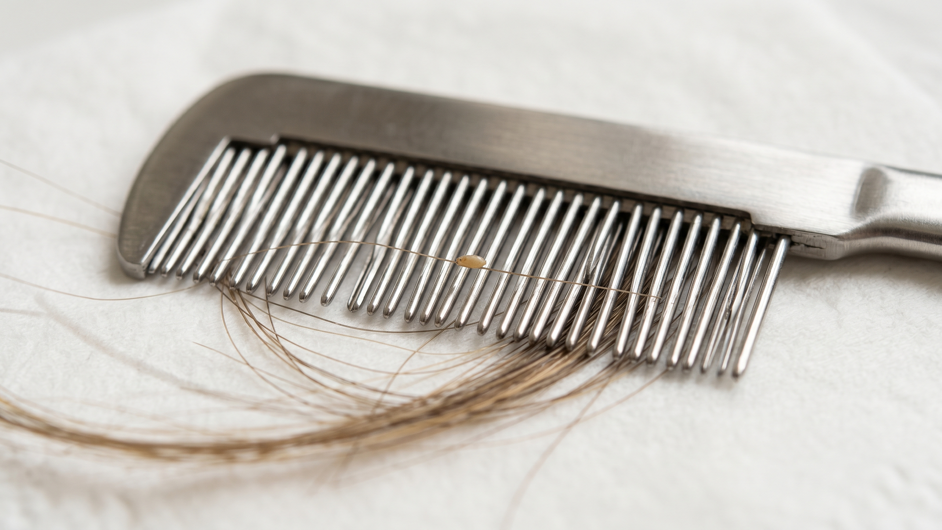 Stainless-steel fine-toothed lice comb on white paper towel with a small tan nit on a hair strand