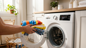 A parent loads colorful kid bedding into a front-loading washing machine with the HOT cycle selected on the display.