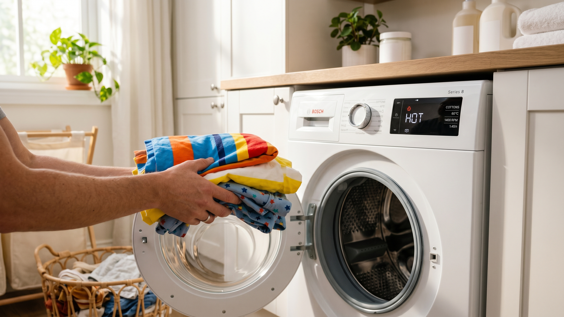A parent loads colorful kid bedding into a front-loading washing machine with the HOT cycle selected on the display.