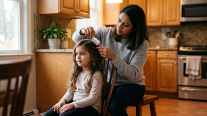 Mother and young daughter sitting in a sunlit kitchen, mother carefully parting and checking the child's hair under bright light