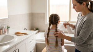 Parent's hands gently applying a leave-in hair detangling spray to a child's freshly braided long hair in a softly lit suburban bathroom, viewed from behind, calm morning routine.