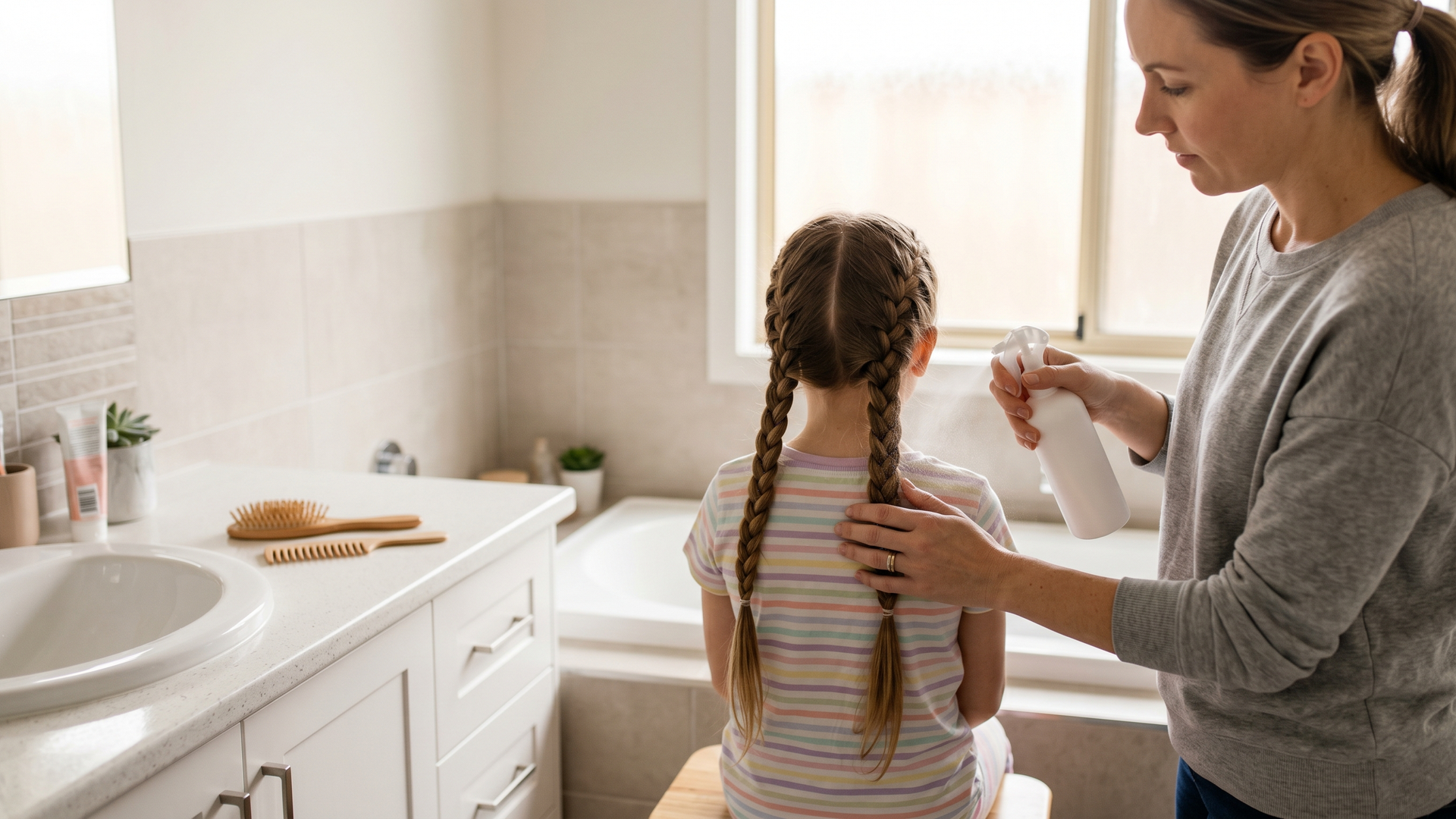 Parent's hands gently applying a leave-in hair detangling spray to a child's freshly braided long hair in a softly lit suburban bathroom, viewed from behind, calm morning routine.