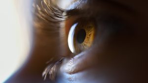 Close-up of a school-age child's brown eye with the upper eyelashes in soft daylight, the lash line visible in detail to illustrate where parents sometimes spot small white specks they worry could be head-lice nits.