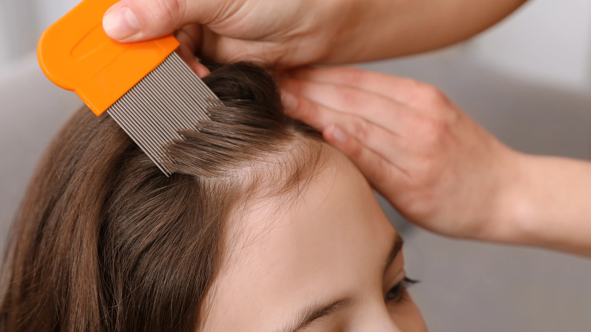 Hands drawing an orange-handled fine-toothed comb through brown hair at the hairline.